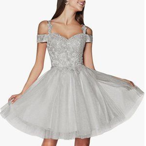 TIRAS Lace Appliques Short Homecoming Dresses 2024 Cold Shoulder Glitter Tulle